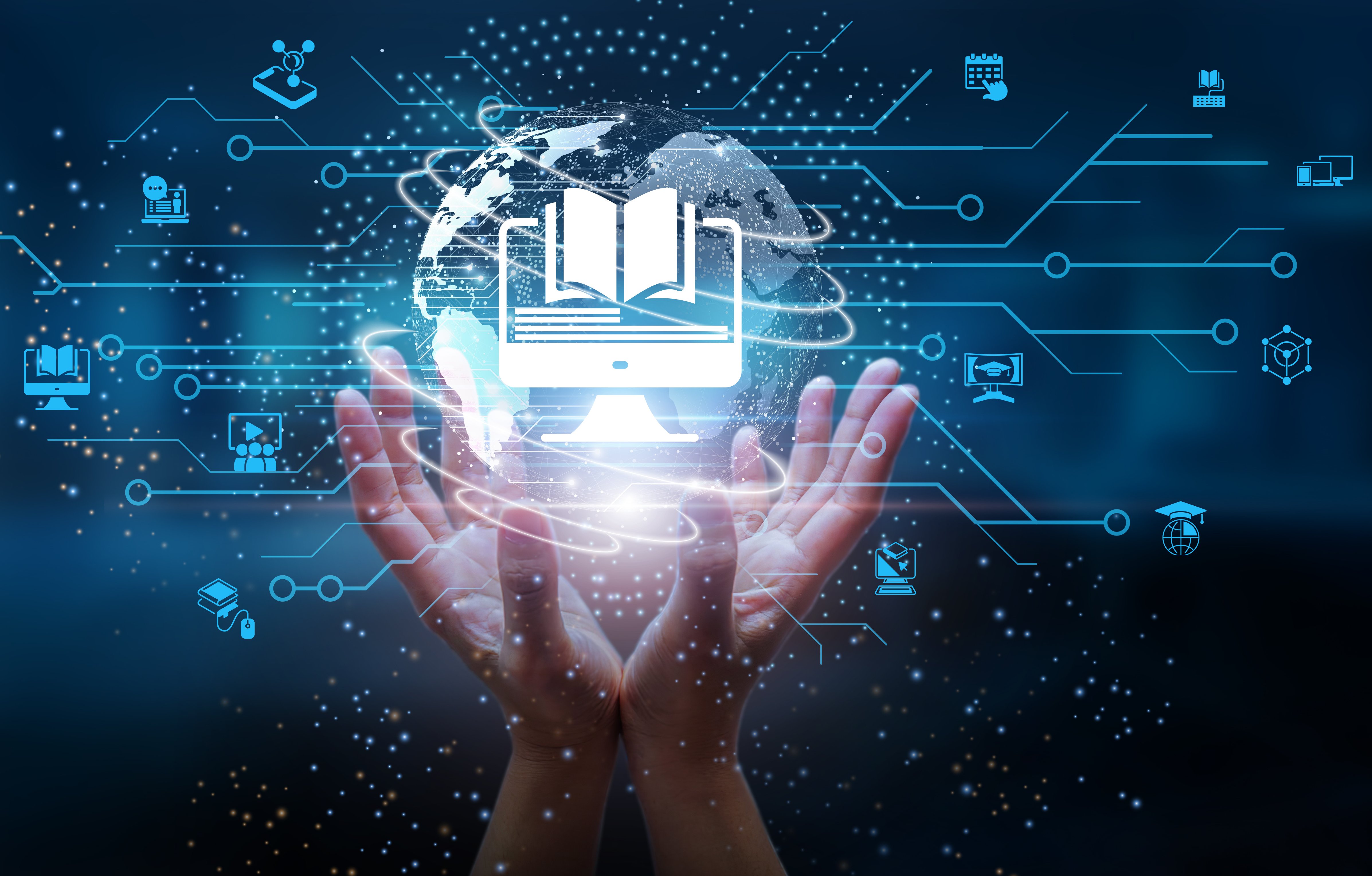 Hands holding a glowing digital globe with learning icons, representing guided AI in education